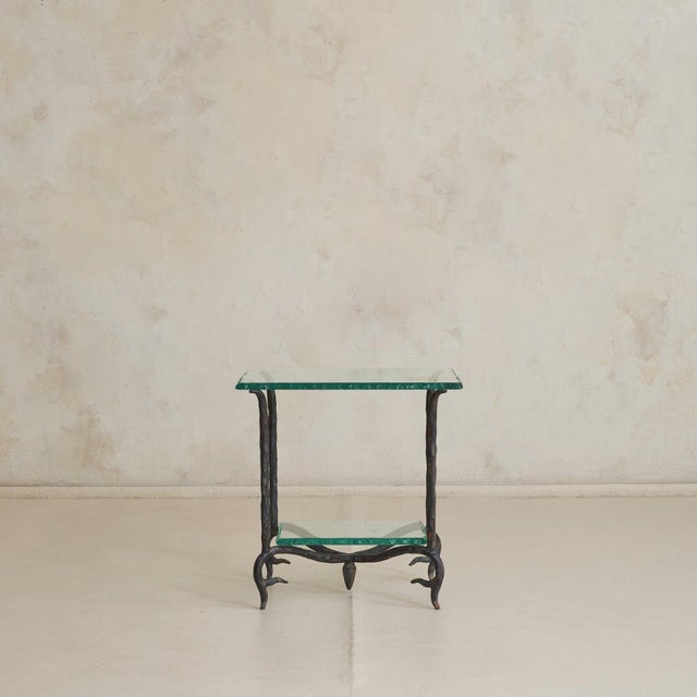 Modern French Two-Tier Iron + Chiseled Glass Side Table, 1960s For Sale - Image 3 of 11
