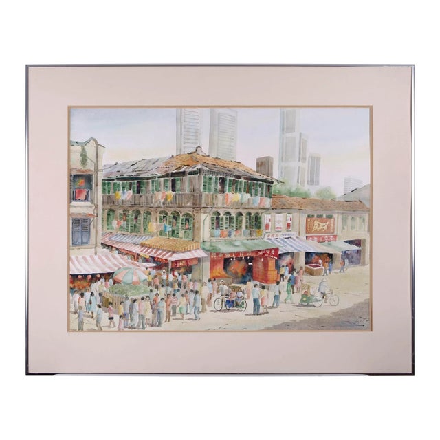 Wilfred Lim Chinatown Street Scene Watercolor Painting For Sale - Image 6 of 6