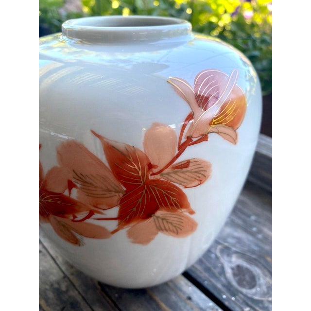 Blush Vintage Japanese Hand-Painted Porcelain Floral Vase in Rust and Blush Tones For Sale - Image 8 of 11