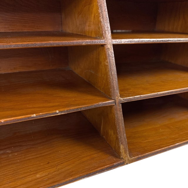 Vintage 1950s Large Modernist Wooden Desktop Cubby W/ Angled Slotted Compartments - Handmade Office Storage Organizer For Sale - Image 11 of 12