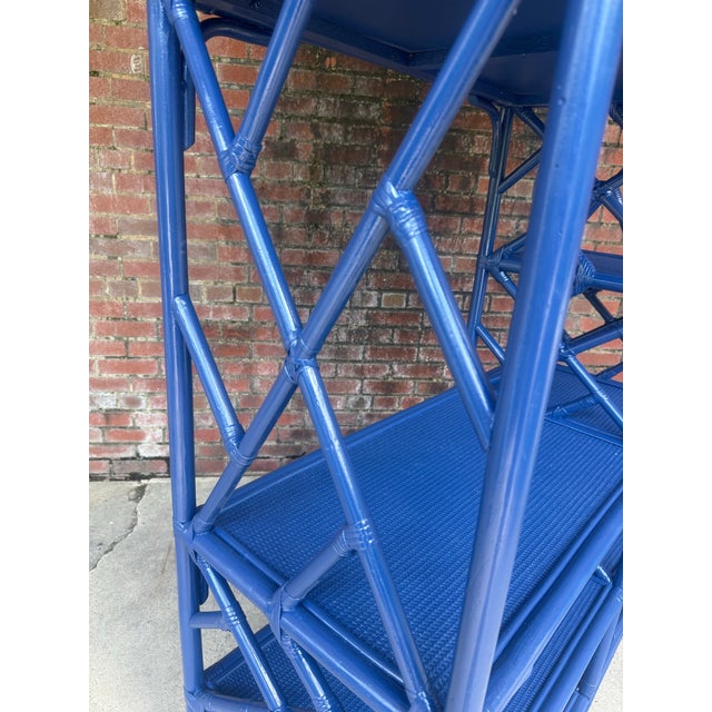 Late 20th Century Vintage Chinoiserie Chippendale Style Blue Rattan Bookcase Etagere - Newly Painted For Sale - Image 5 of 11