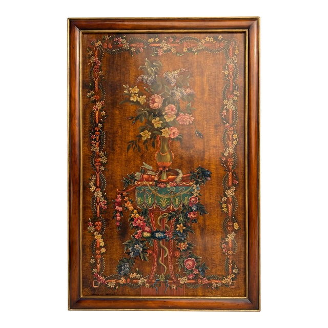Mid-20th Century Neoclassical Style Floral Urn Painting on Wood Panel in Wood Frame For Sale