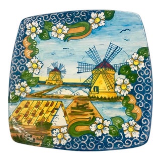 Di Cotte E Di Crude Trapani Sicilian Hand-Painted Windmill Ceramic Wall Platter For Sale