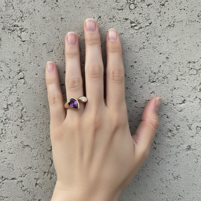 Toi Et Moi Gemstone Ring: Amethyst and Moissanite, Size 7.5 For Sale - Image 6 of 9