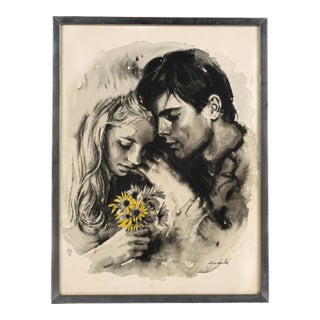 Framed Signed Sandu Liberman "Young Lovers" Gouache Watercolor For Sale