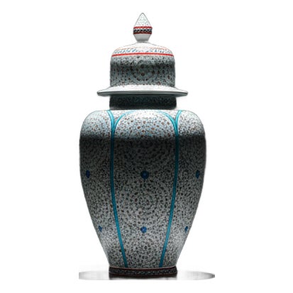Handmade Ceramic “Shah” Vase (30cm) – Golden Horn Spirals & Dome Lid – Royal Iznik Decor For Sale