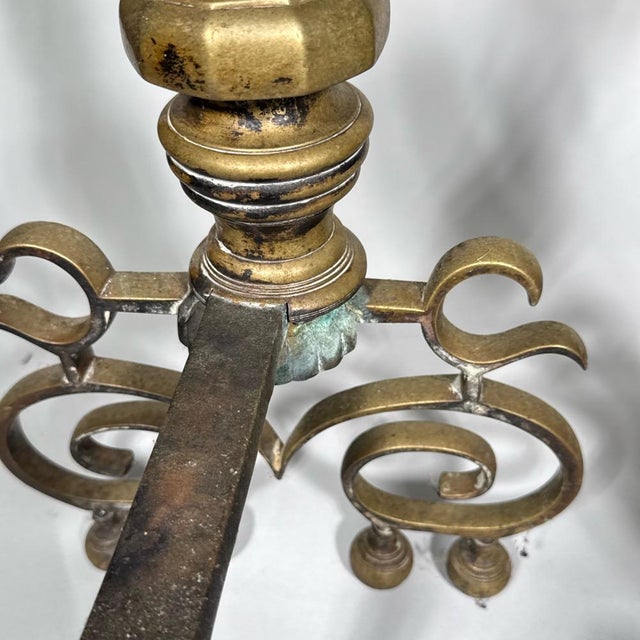 Antique Federal Style Brass and Iron Fireplace Set—Five Pieces For Sale - Image 10 of 14