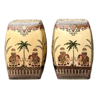 Vintage Glazed Ceramic Elephant Low Stools - A Pair For Sale