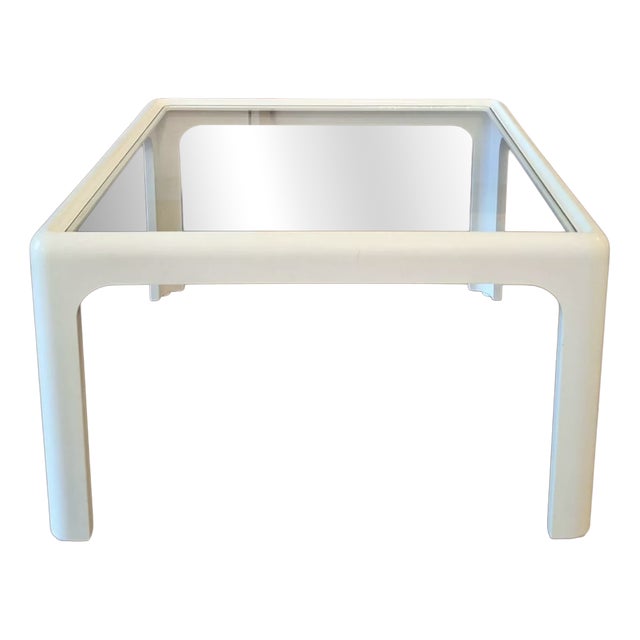 Mid-Century Coffee Table in White Lacquered Wood with Glass Top, 1960s For Sale