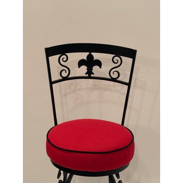 Hand Wrought Iron Fleur Di Lis Motif Bar Stools For Sale - Image 9 of 11