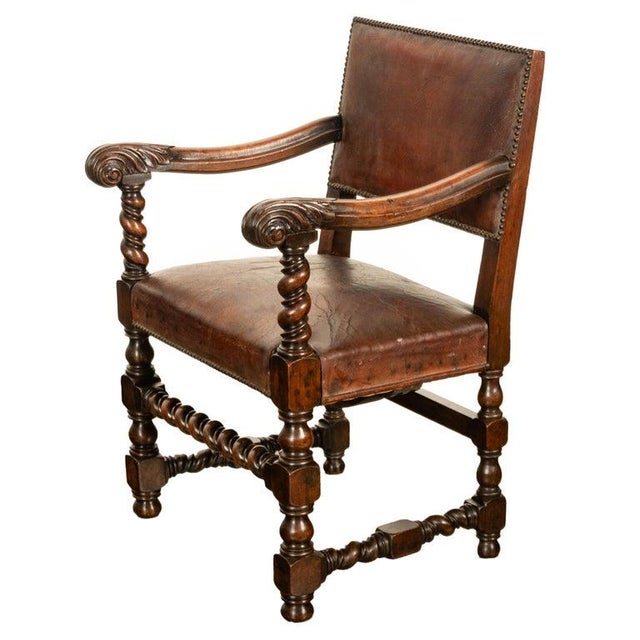 Antique Italian Baroque Leather & Barley Twist Carved Mahogany Arm Chair 1820 For Sale - Image 10 of 14