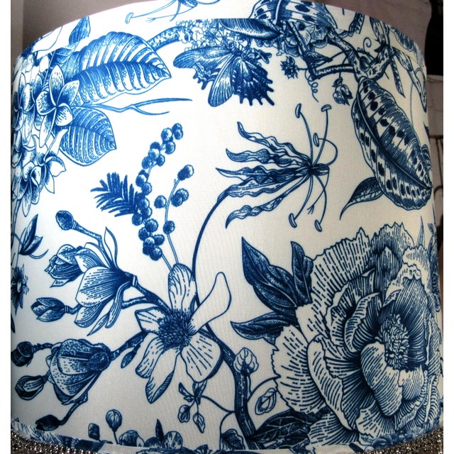 Early 21st Century Vintage Brushed Niclel Buffet Table Lamps +Blue Toile Shades - a Pair For Sale - Image 5 of 9