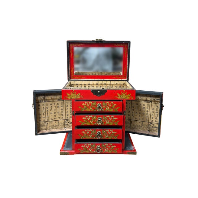 Chinese Chinese Oriental Red Dragon Phoenix Mirror Rectangular Jewelry Box For Sale - Image 3 of 13