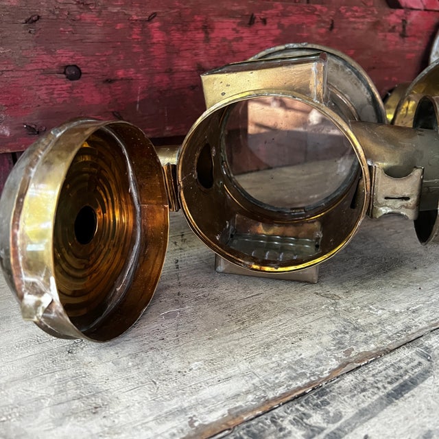 Pair of Antique Brass Carriage Lanterns With Glass Panels & Hinged Doors Vintage Home Decor or Restoration Pieces For Sale - Image 14 of 18