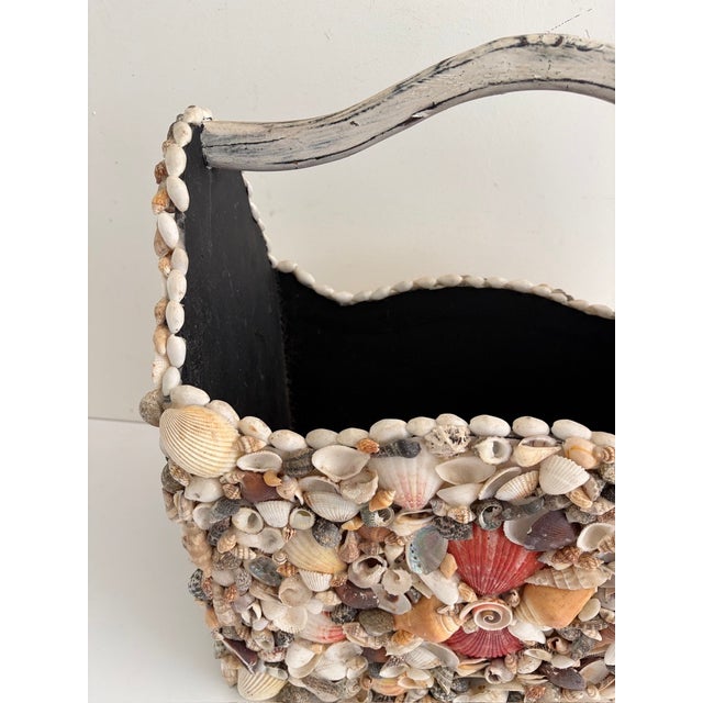 Large Vintage Seashell-Encrusted Wooden Basket With Handle – Handmade Coastal Folk Art Beach House Decor For Sale - Image 4 of 12