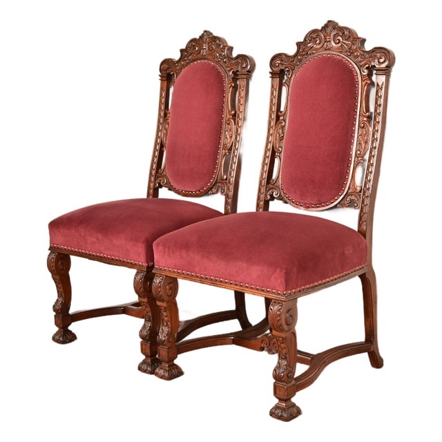 R. J. Horner Style Antique Renaissance Revival Carved Walnut Side Chairs or Dining Chairs | Pair For Sale