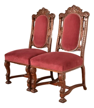 R. J. Horner Style Antique Renaissance Revival Carved Walnut Side Chairs or Dining Chairs | Pair