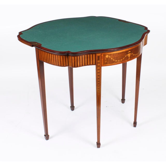 19th Century Mahogany and Satinwood Inlaid Serpentine Card Console Table For Sale - Image 4 of 18