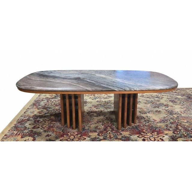 Mid-Century Modern Vintage 1960s Swedish Mid-Century Modern Marble and Teak Coffee Table by Bendixen – Oval Swirl Marble Top With Sculptural Fluted Pedestals For Sale - Image 3 of 10