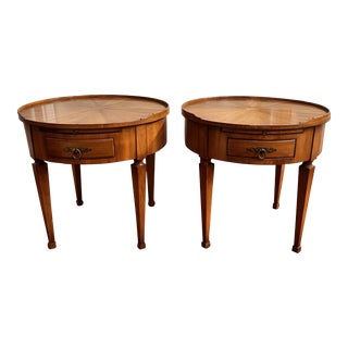 1960s Pair John Widdicomb Fruitwood Round Side Tables For Sale