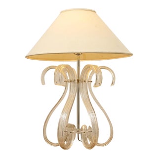 Mid 20th Century Sculptural Lucite Loop Table Lamp With Clear Curved Base and Linen Shade For Sale
