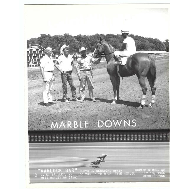 1966 horse racing black and white photograph of Warlock Bar in the winner's circle at Marble Downs in Carthage Missouri....