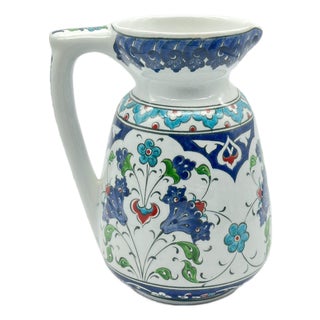Handmade Ceramic Pitcher (20cm) – Blue Arches & Colorful Spring Florals – Wide Mouth Jug For Sale