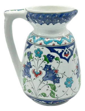Handmade Ceramic Pitcher (20cm) – Blue Arches & Colorful Spring Florals – Wide Mouth Jug
