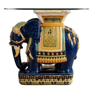 Vintage Chinese Glazed Ceramic Royal Elephant Garden Seat, Side Table, With Custom Glass Top, Chinoiserie For Sale