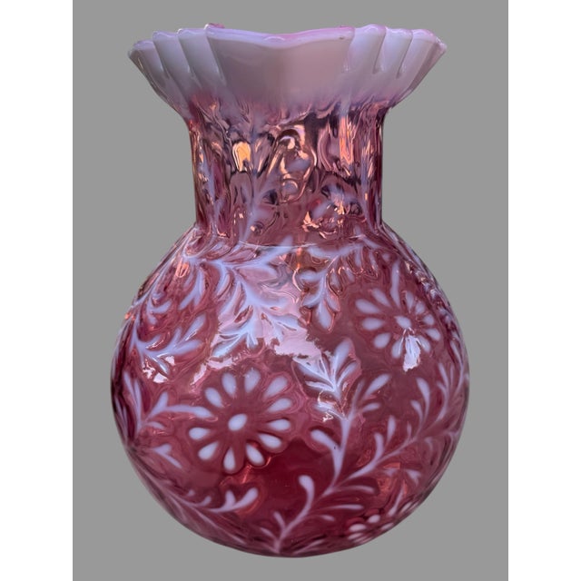 Antique Victorian Cranberry Opalescent Floral Decorated Art Glass Water Pitcher For Sale - Image 4 of 12