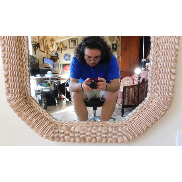 1980s Vintage Henry Link Whitewash Wicker Hanging Wall Mirror For Sale - Image 5 of 9