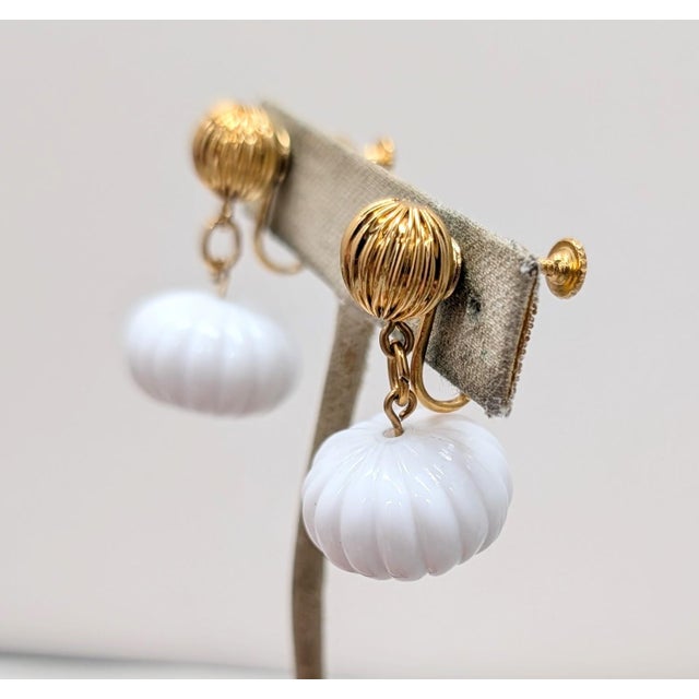 White Vintage 1980s Signed Napier Goldtone White Melon Drop Clip Earrings-2 Pieces For Sale - Image 8 of 8