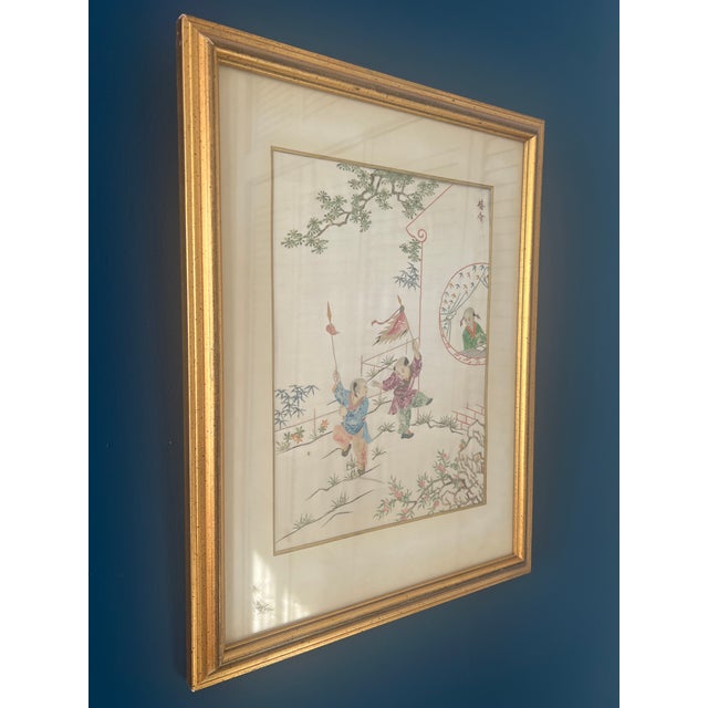 Rare 1950's framed collage art made from cut postal stamps on silk, depicting a Japanese Boys Day scene. This is a...