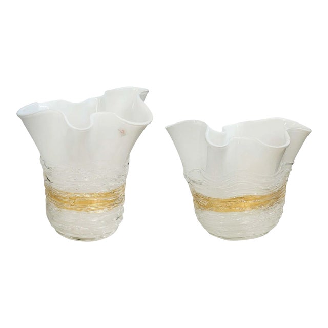 Pair of 1970s Handblown Ruffled Murano Glass Vases by Camozzo For Sale