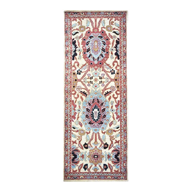 Afghan Sultanabad Wool 3x7 Ivory, Blue & Rust Handmade Runner Rug #1143663 For Sale