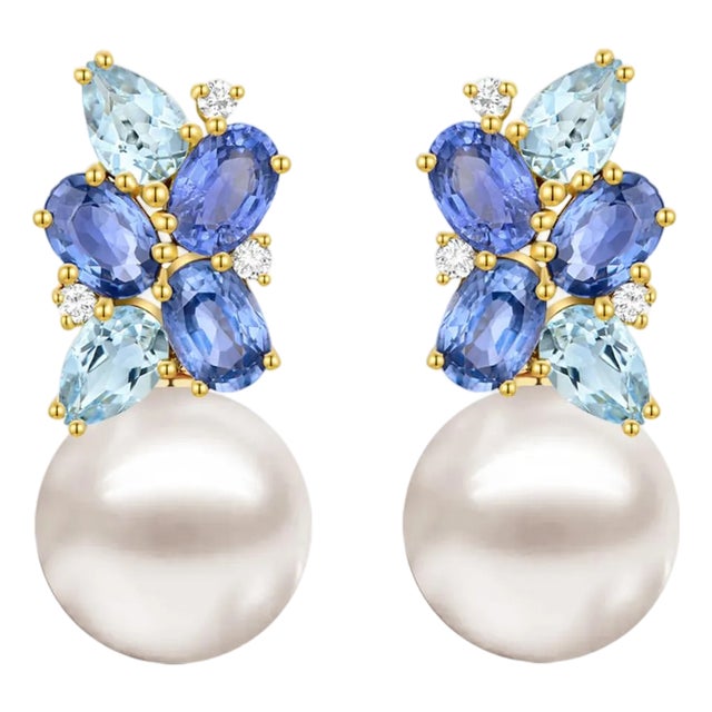 Nina Zhou Sapphire, Aquamarine and Diamond Cluster Pearl Convertible Drop Earrings in 14k Yellow Gold, a Pair For Sale
