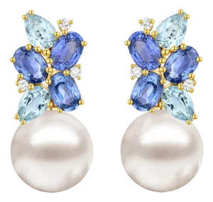 Nina Zhou Sapphire, Aquamarine and Diamond Cluster Pearl Convertible Drop Earrings in 14k Yellow Gold, a Pair