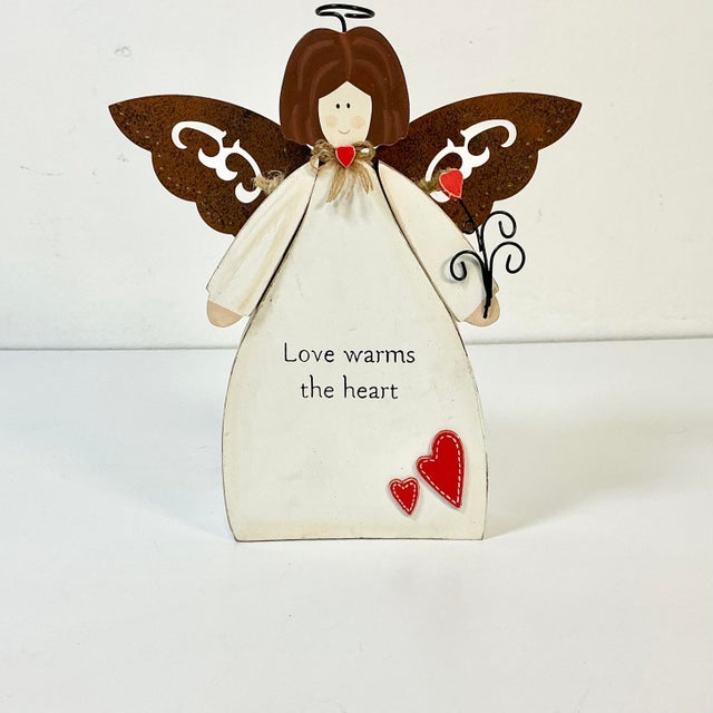 A fun Arts & Crafts Boho Chic painted Valentine Angel. It's from the 1990s and features an antique white painted wood body...