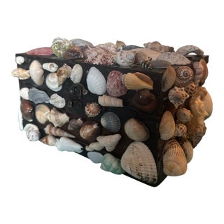 Handmade Seashell Encrusted Wooden Trinket Box - Coastal Nautical Decor Jewelry Chest For Sale