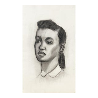 Mid 20th Century Black & White Charcoal Portrait Drawing of a Woman With Peter Pan Collar MCM For Sale