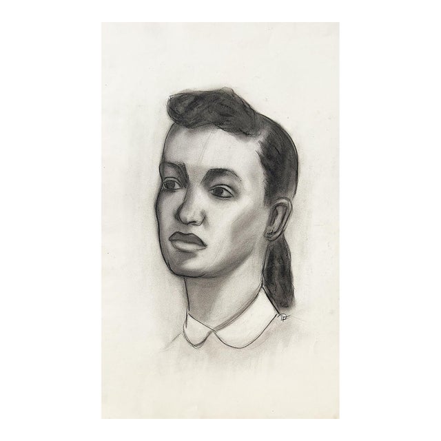 Mid 20th Century Black & White Charcoal Portrait Drawing of a Woman With Peter Pan Collar MCM For Sale