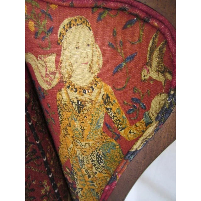 1950s Mon Seul Desir French Tapestry Wingback Arm Chair Vintage Wood Frame Straw Seat With Cushion and 2 Pillows For Sale - Image 5 of 12