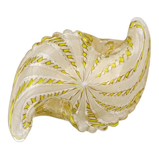 Murano Fratelli Toso Yellow White Twisting Ribbons Gold Flecks Vintage Italian Art Glass Decorative Bowl For Sale