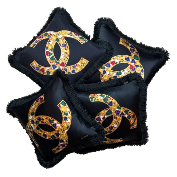 Modern Chanel CC Logo Vintage Silk Scarf Pillow For Sale - Image 3 of 5