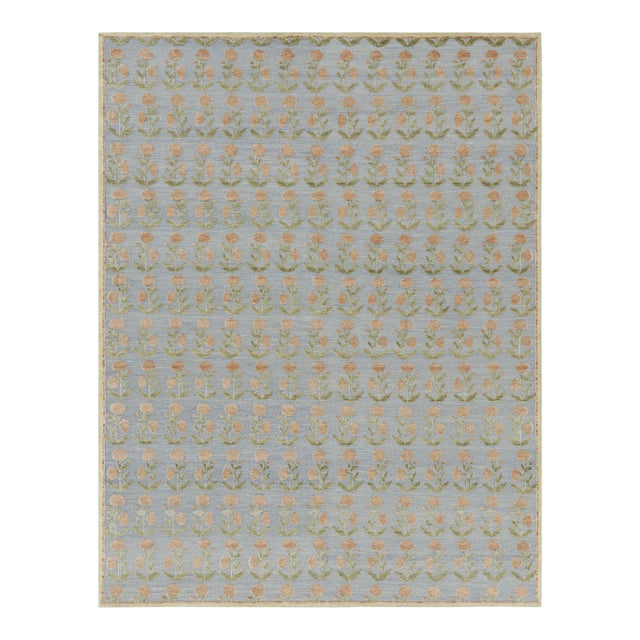 Rug & Kilim’s Block Print Rug Design with Brown and Green Floral Patterns - 12x15 For Sale