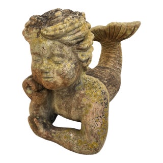 Vintage Terracotta Mermaid Statue | Hand-Sculpted Figurative Art With Natural Patina For Sale