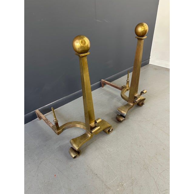Set of 2 Antique Brass Columnar Andirons With Cannonball Finial For Sale - Image 4 of 10