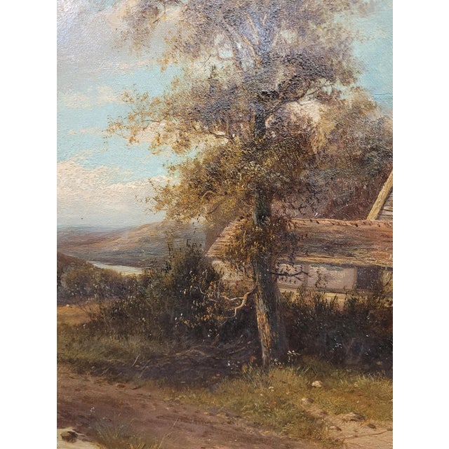 Sky Blue 19th Century Signed Antique Farmscape Oil Painting, Framed For Sale - Image 8 of 10