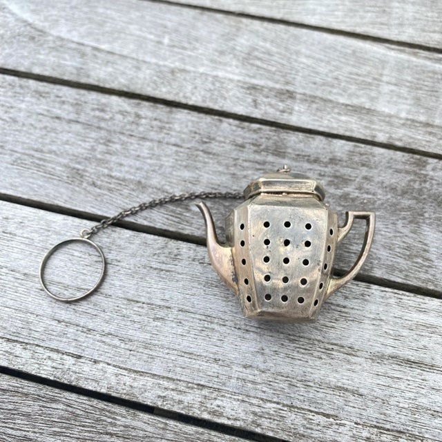 Shabby Chic Vintage Sterling Silver Teapot Tea Strainer For Sale - Image 3 of 10
