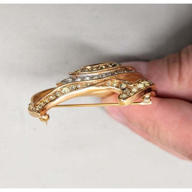 Gold Vintage 1960s Signed Crown Trifari Abstract Goldtone Faux-Citrine & Clear Rhinestone Brooch For Sale - Image 8 of 8